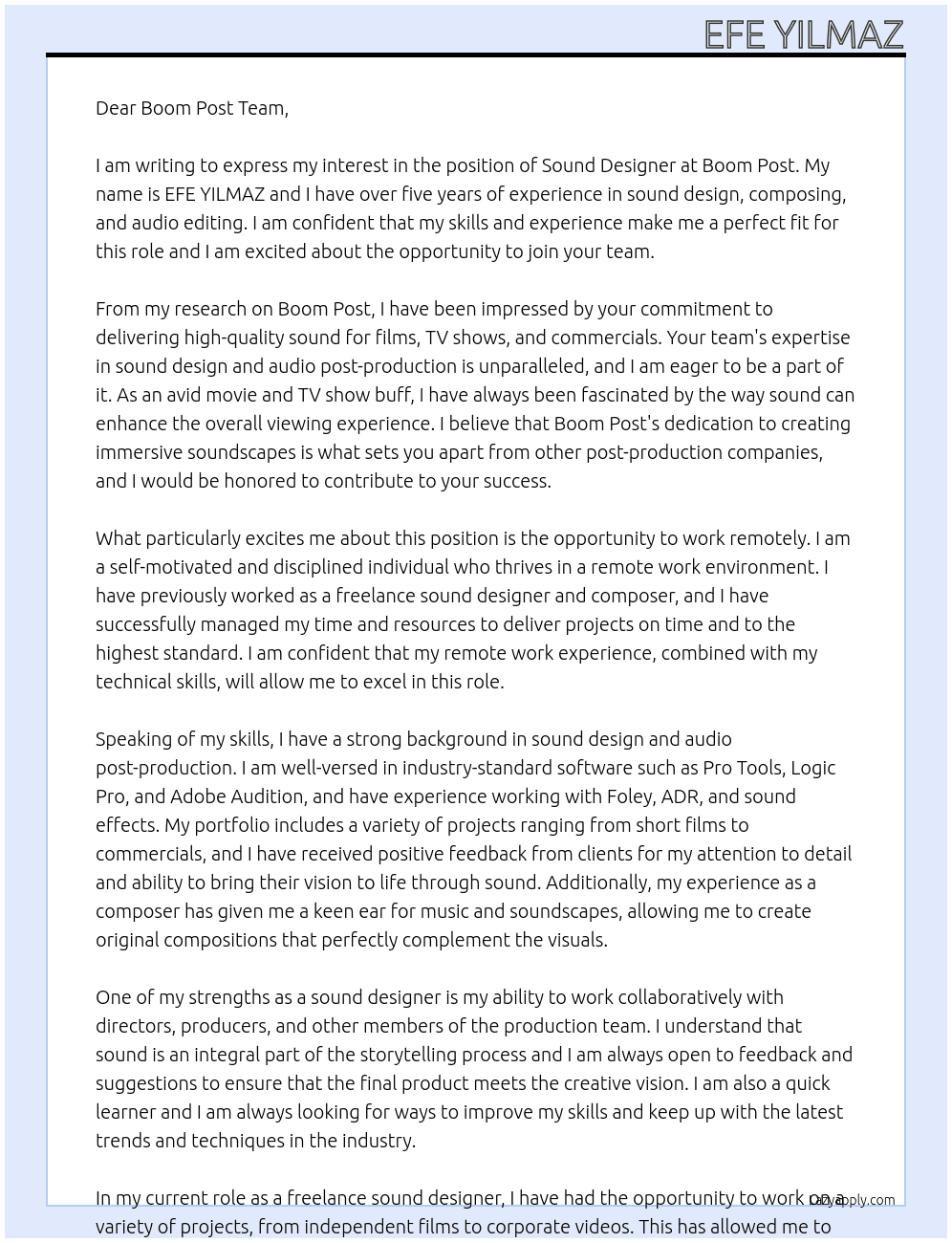 Sound Designer At Boom Post Cover Letter