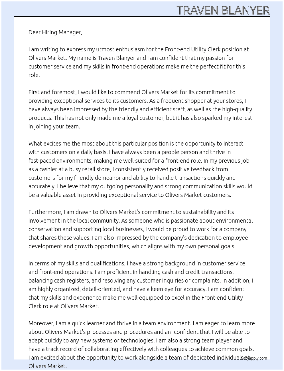 Front-end utility clerk At Olivers Market Cover Letter