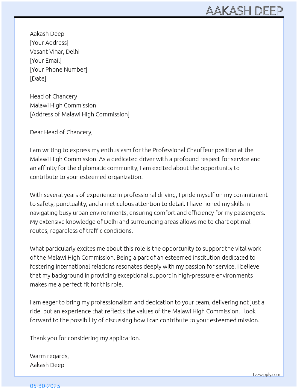Professional chauffeur  At Malawi High commission  Cover Letter