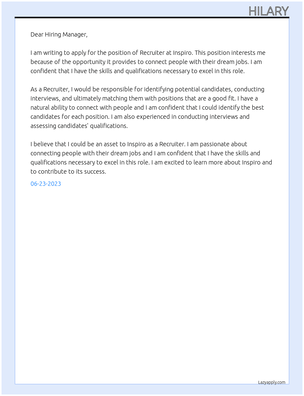 Recruiter At Inspiro Cover Letter
