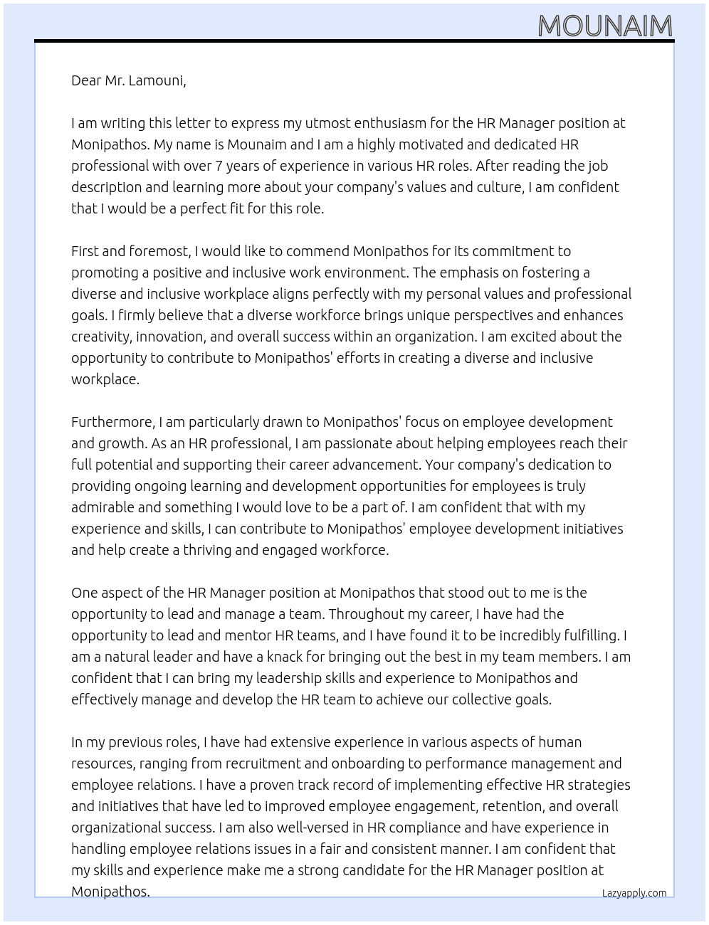 HR Manager At Monipathos Cover Letter