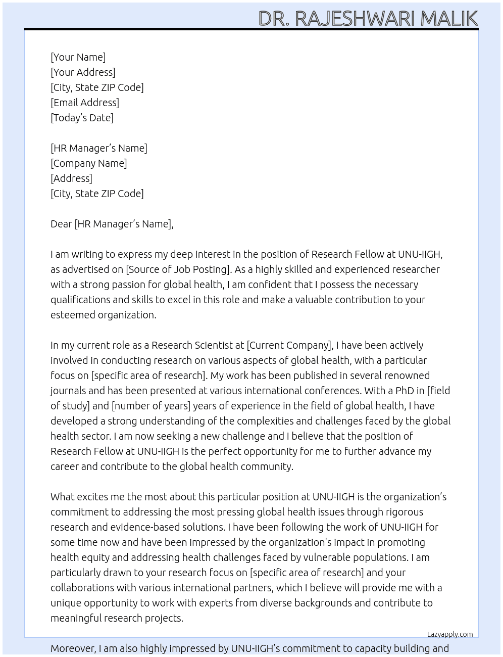 Research Fellow At UNU-IIGH Cover Letter