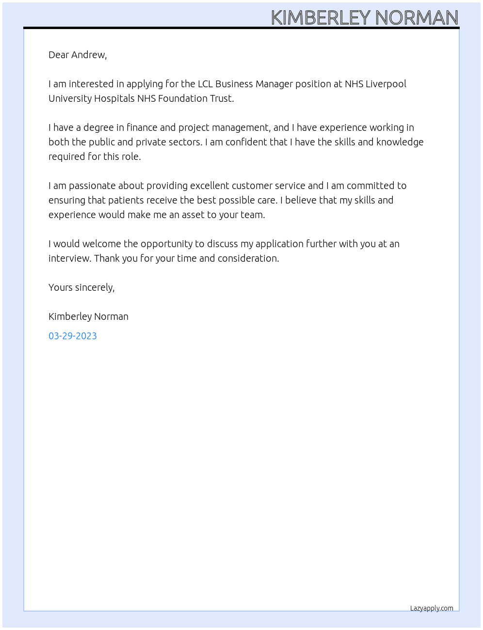 LCL Business Manager At NHS Liverpool University Hospitals NHS Foundation Trust Cover Letter