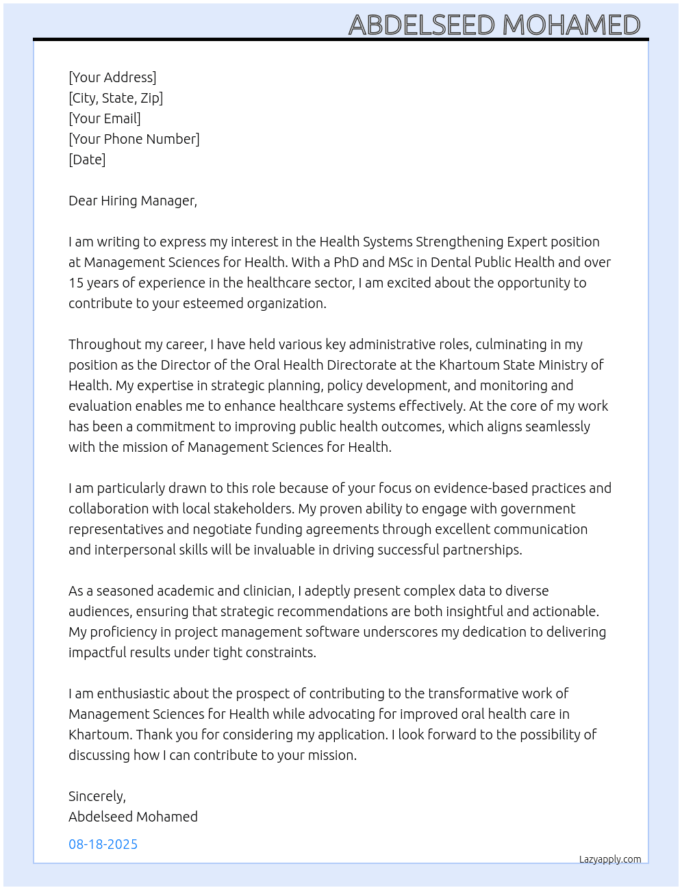 Health Systems Strengthening Expert  At Management Sciences for Health  Cover Letter