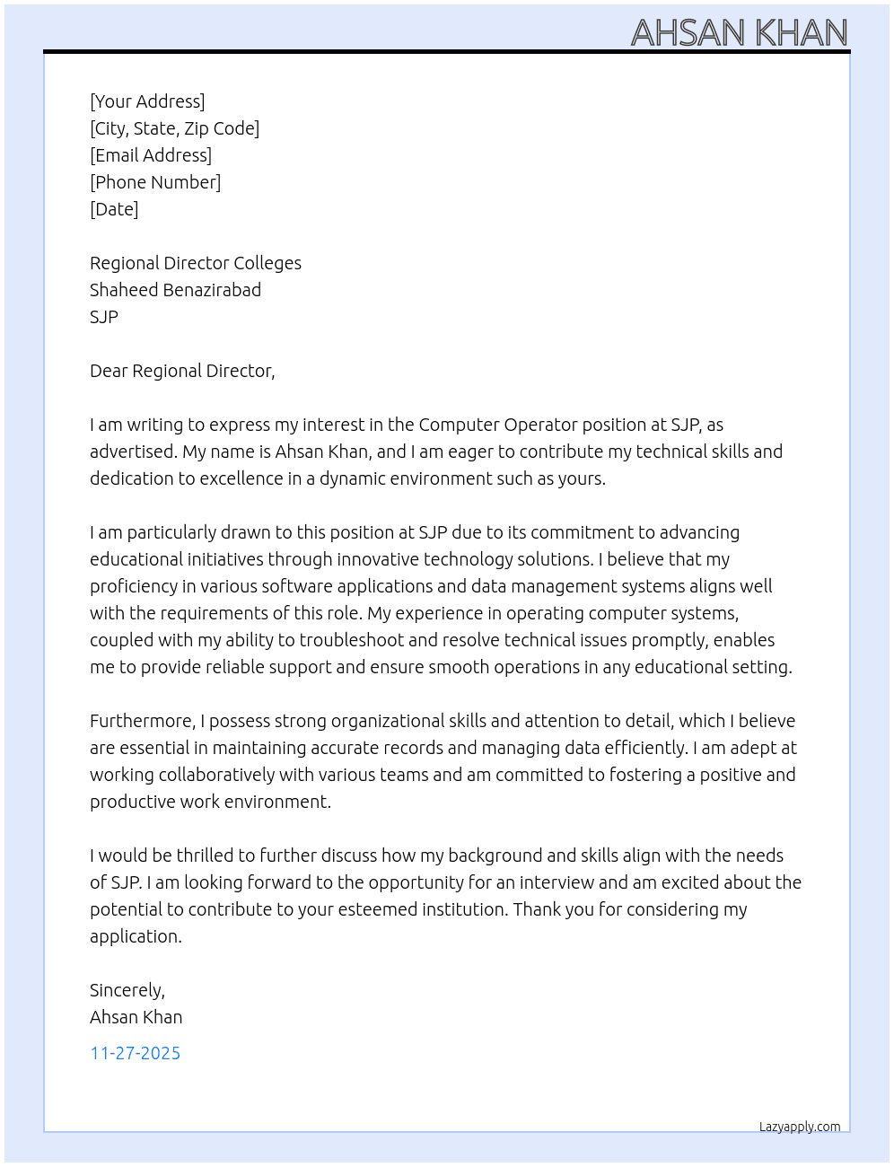 Computer Operator At SJP Cover Letter