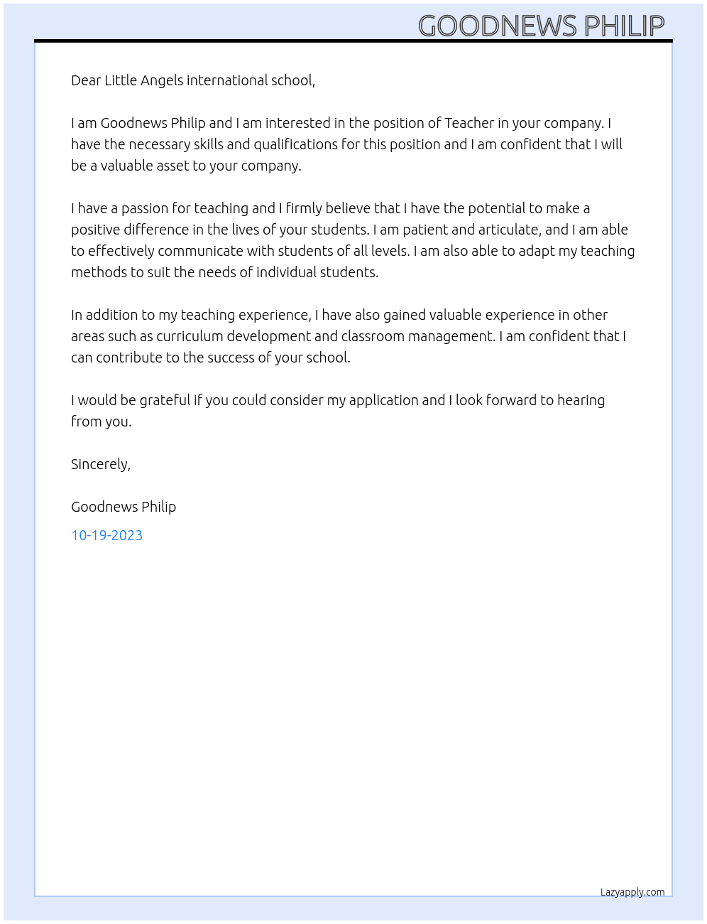 Teacher  At Little Angels international school  Cover Letter