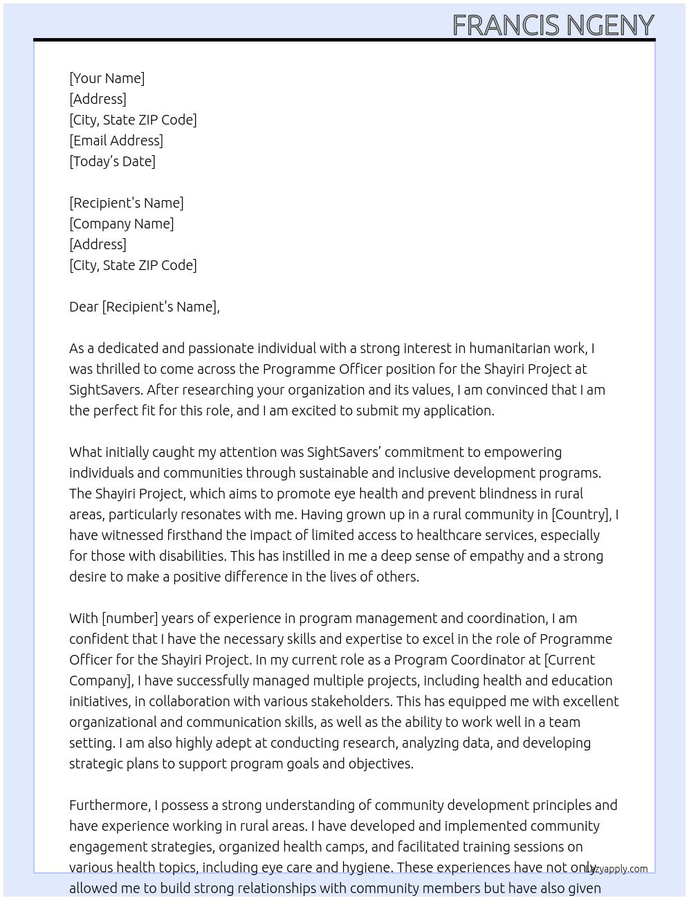 Programme Officer - Shayiri Project At SightSavers Cover Letter