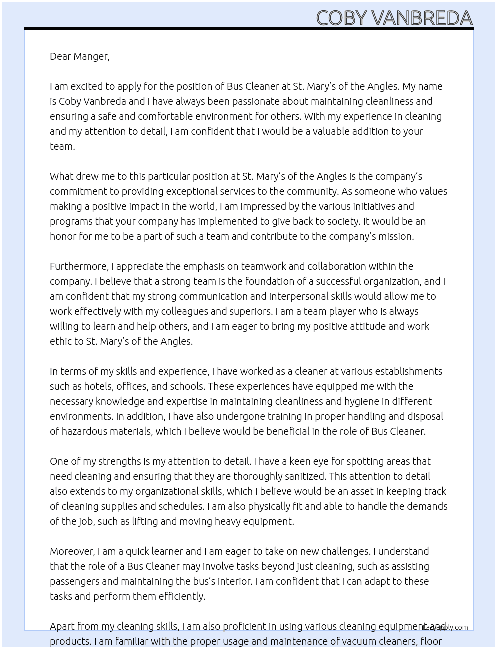 Bus cleaner  At st mary’s of the angles  Cover Letter