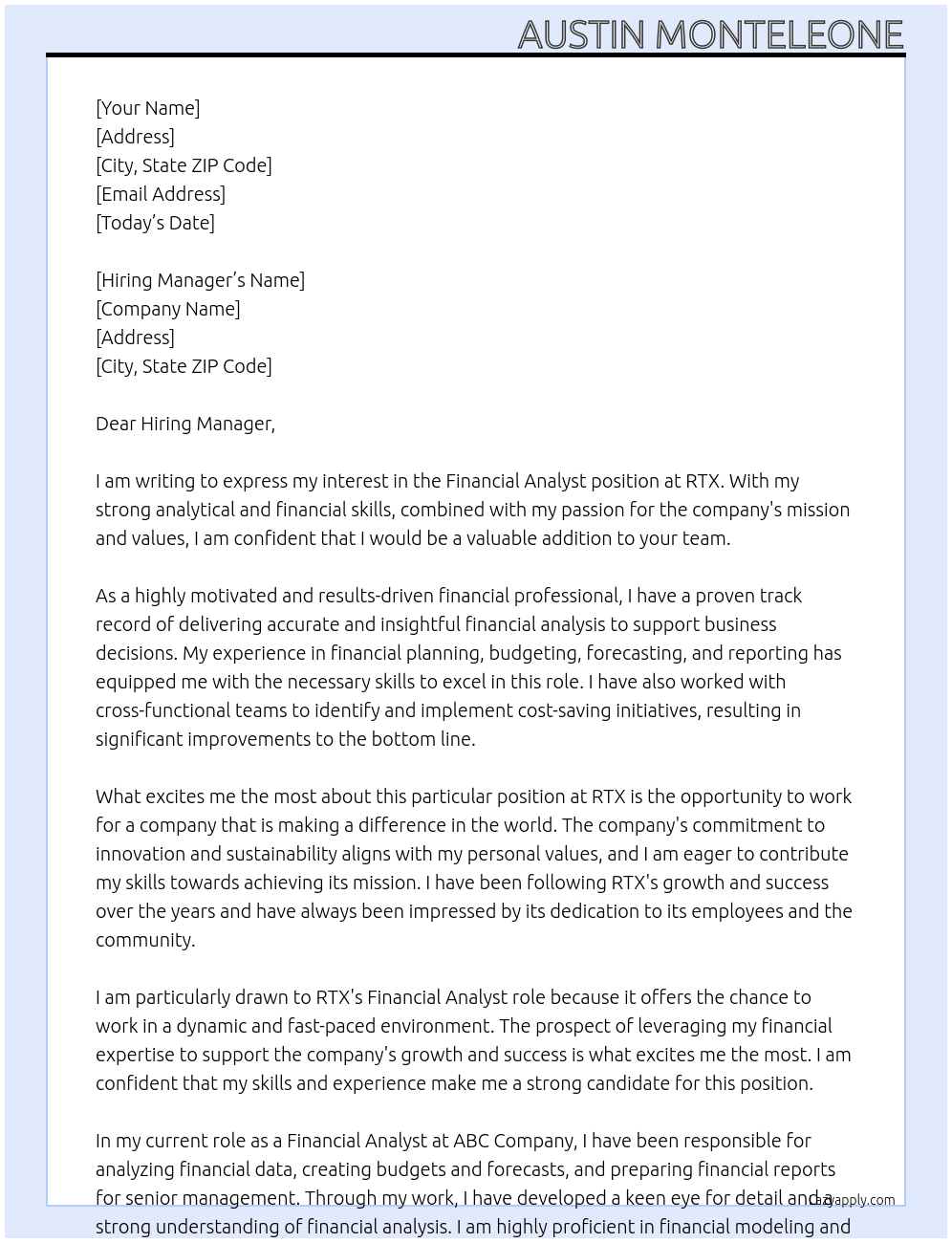 Financial Analyst At RTX Cover Letter