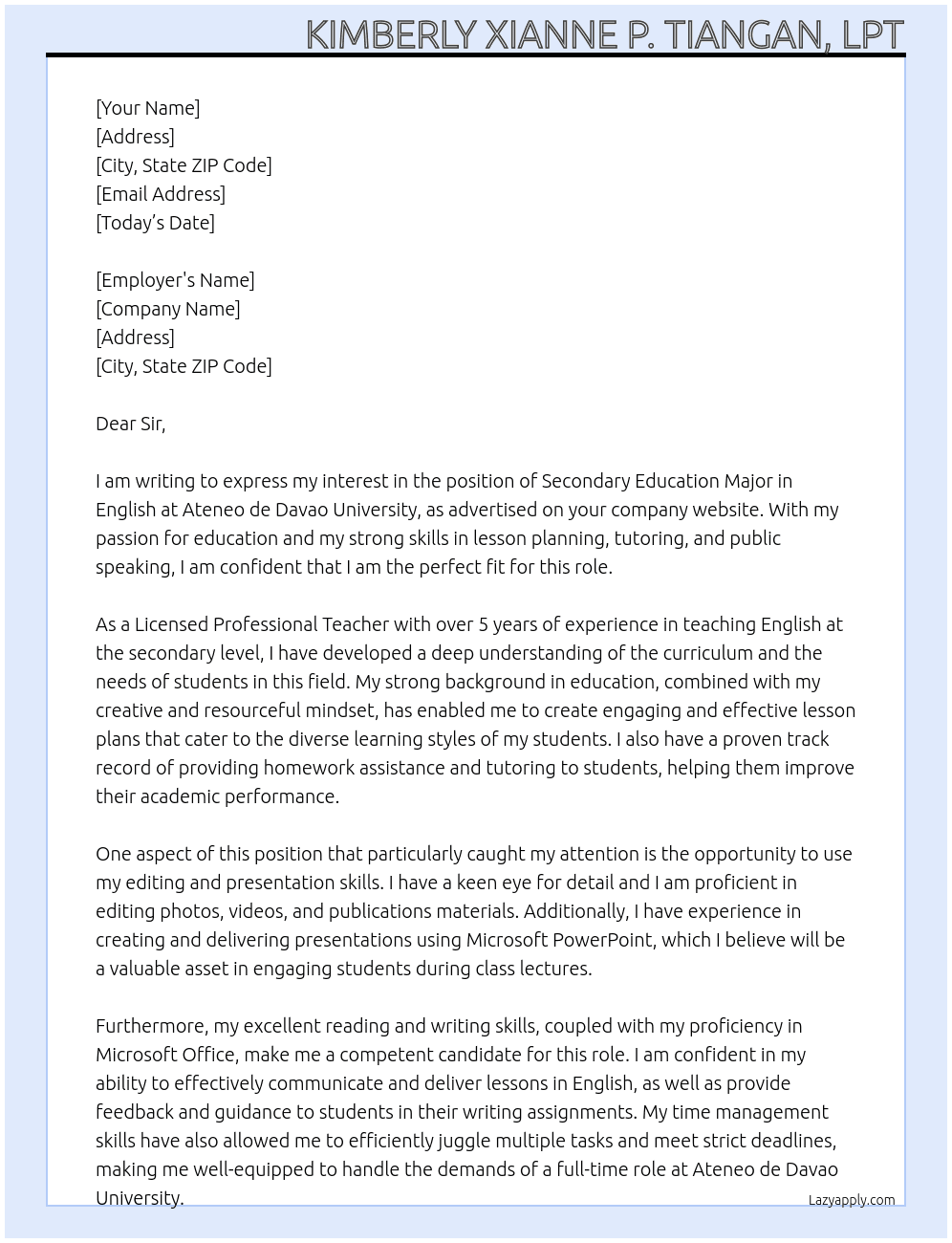 Secondary Education Major in English  At Ateneo de Davao University Cover Letter