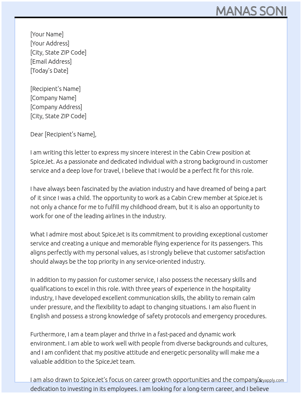 cabin crew  At SpiceJet Cover Letter