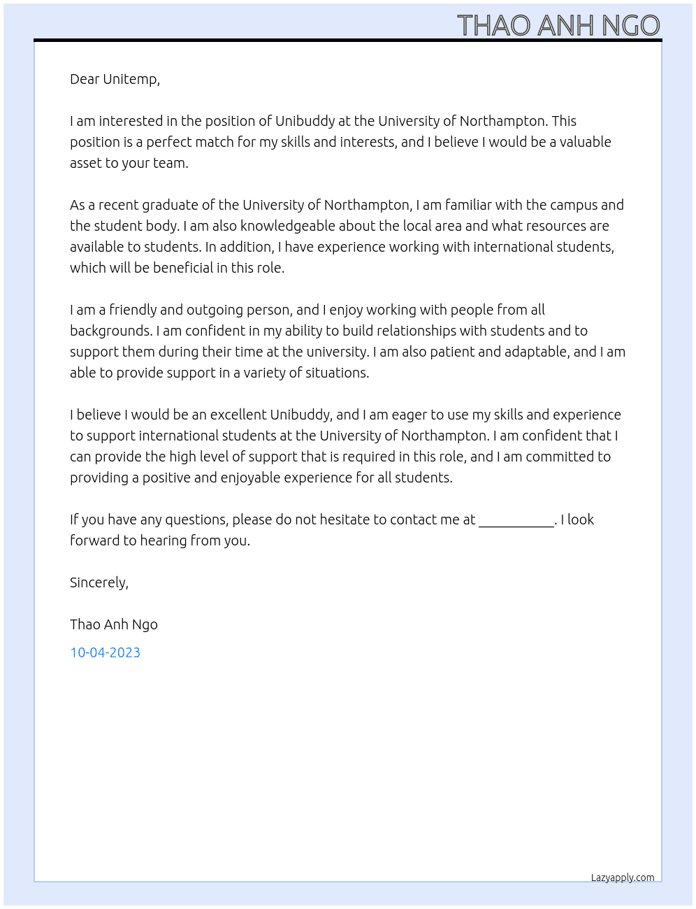 Unibuddy At University of Northampton Cover Letter