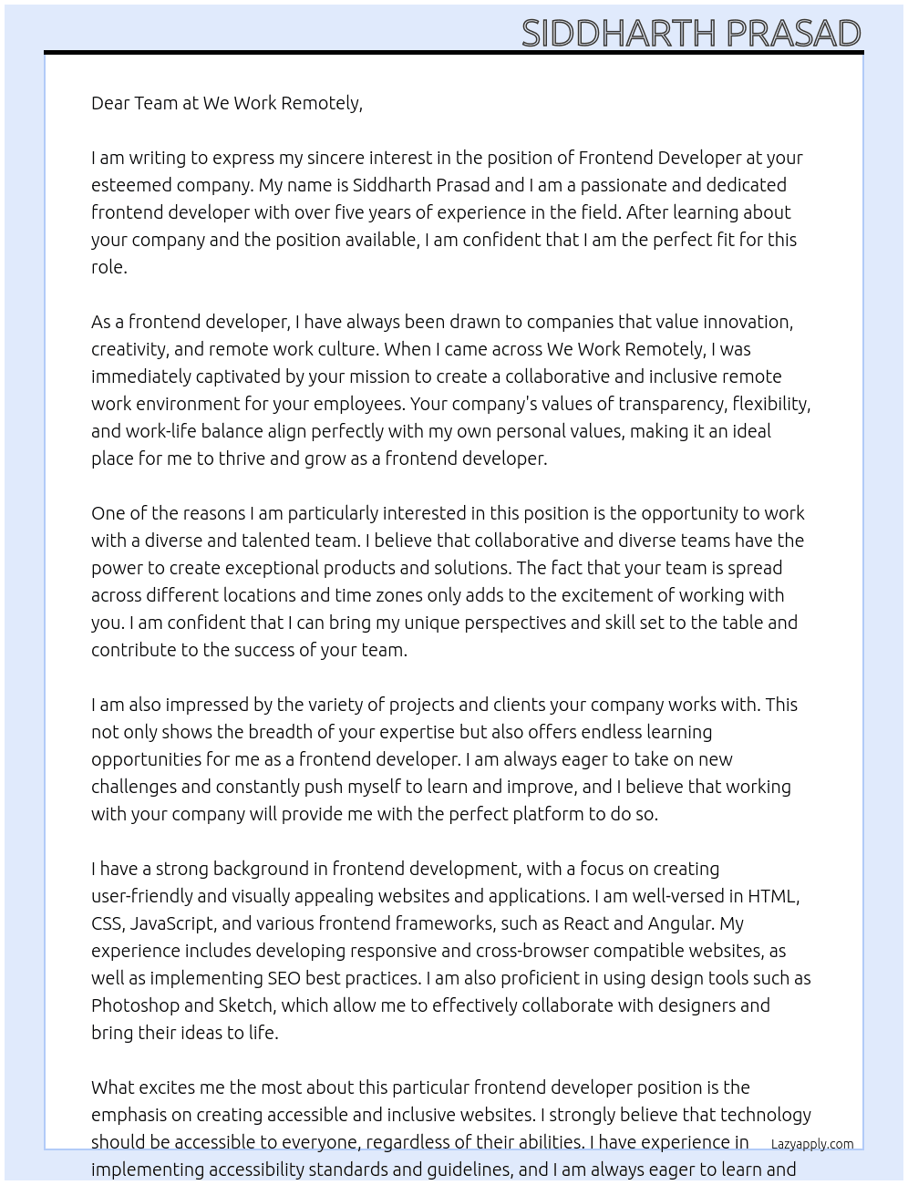 frontend developer At we work remotely Cover Letter