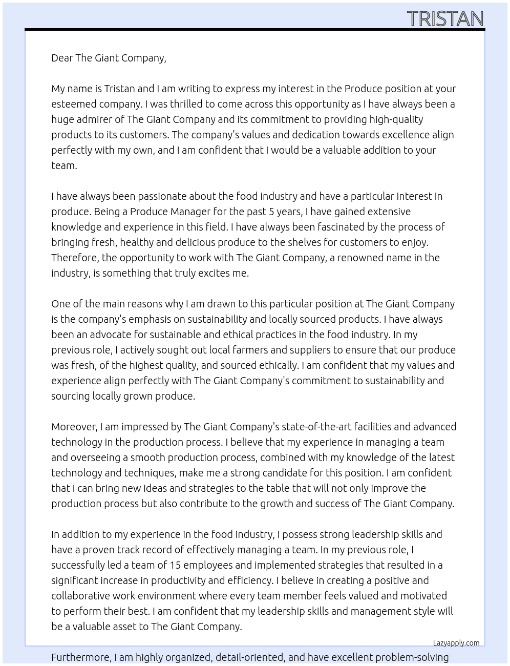 Produce At Giant Cover Letter