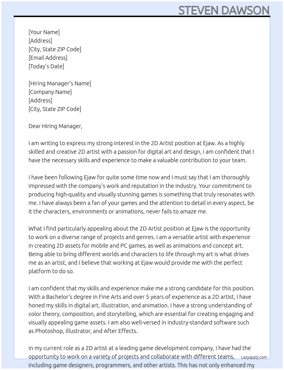 2D artist At Ejaw Cover Letter