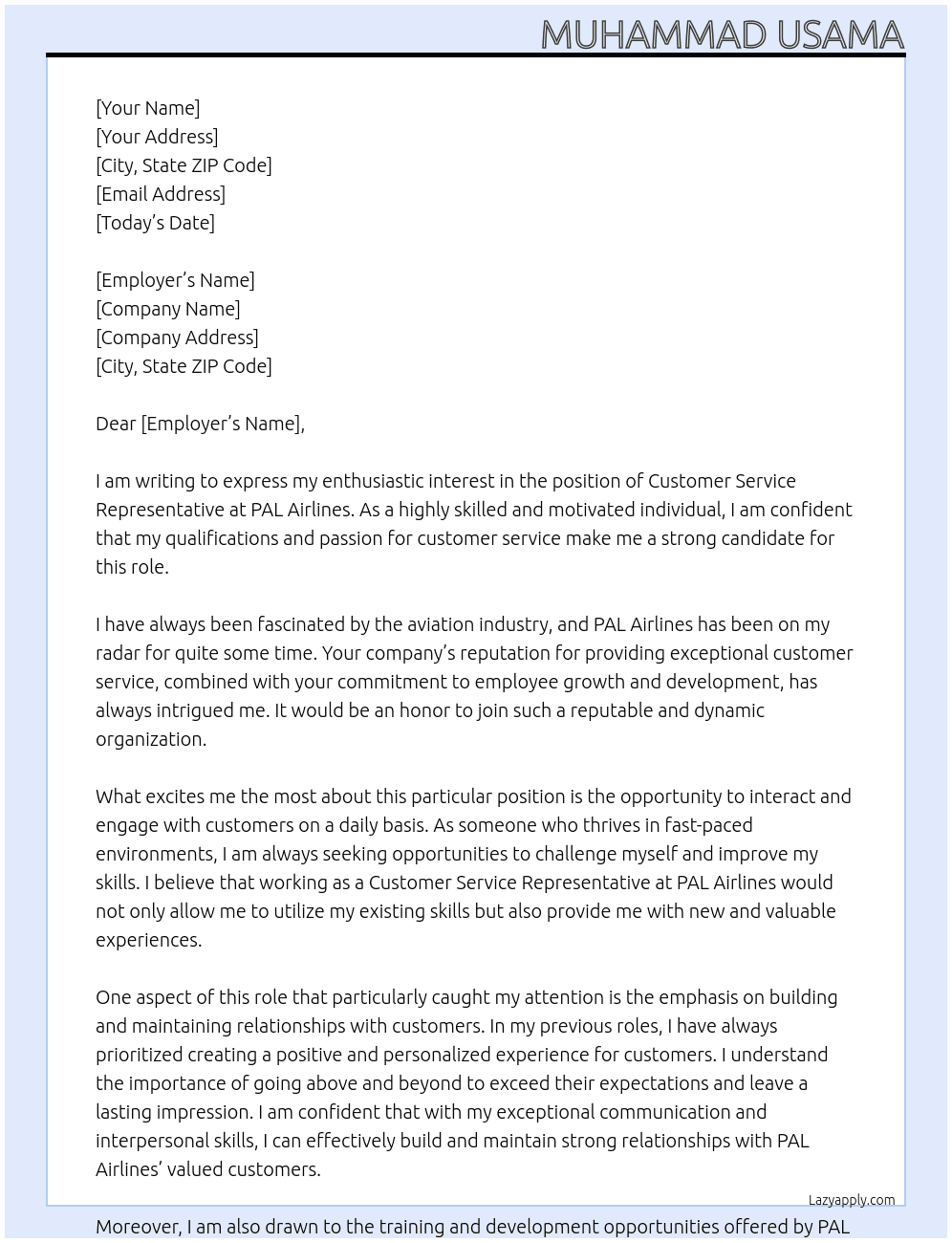 Customer Service Representative At PAL Airlines Cover Letter