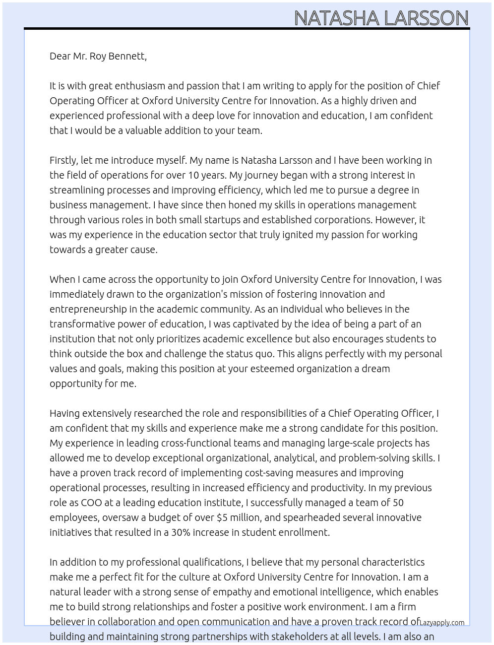 Chief Operating Officer At Oxford University Centre for Innovation Cover Letter