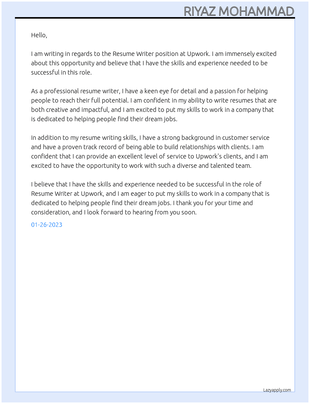 Resume Writer At upwork Cover Letter