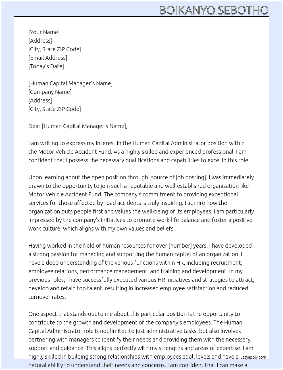 Human Capital Administrator At Motor Vehicle Accident Fund Cover Letter