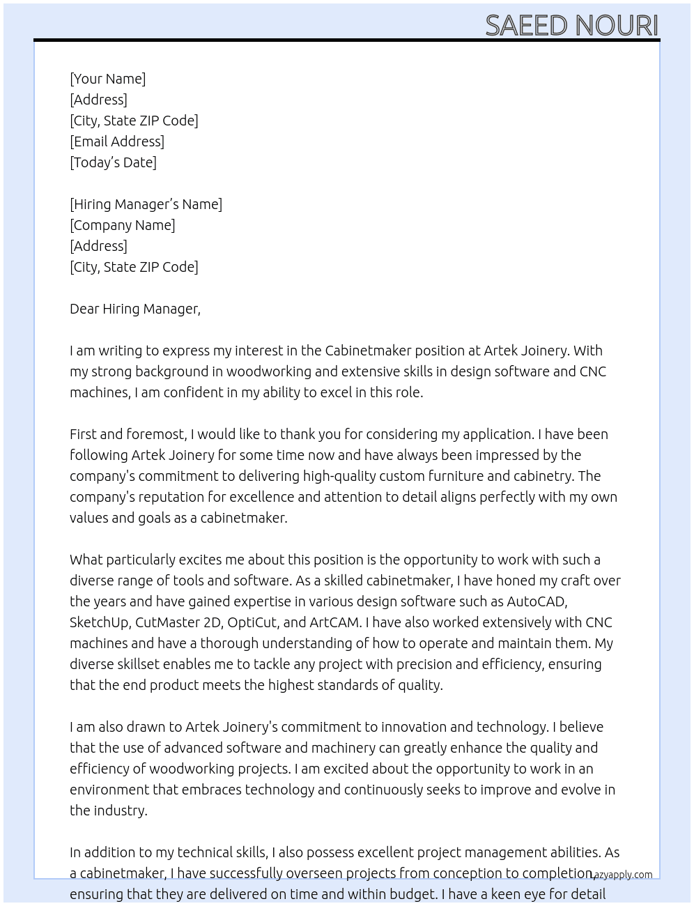 cabinetmaker At Artek Joinery Cover Letter