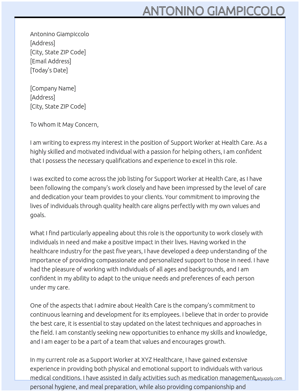 Support worker  At Health care  Cover Letter