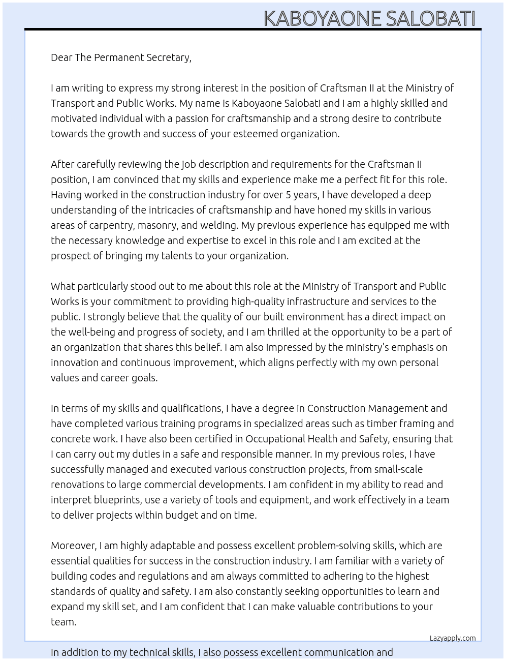 CRAFTSMAN II At MINISTRY OF TRANSPORT AND  PUBLIC WORKS  Cover Letter
