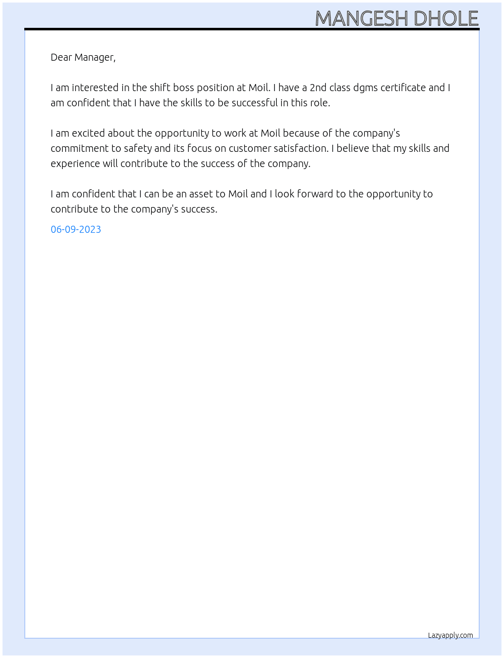Shift boss At Moil Cover Letter