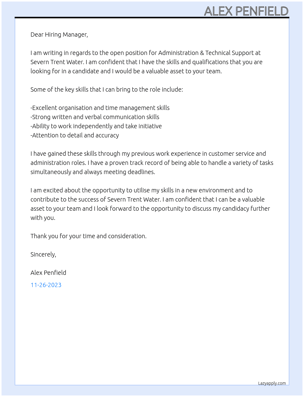 Administration & Technical Support At Severn Trent Water Cover Letter