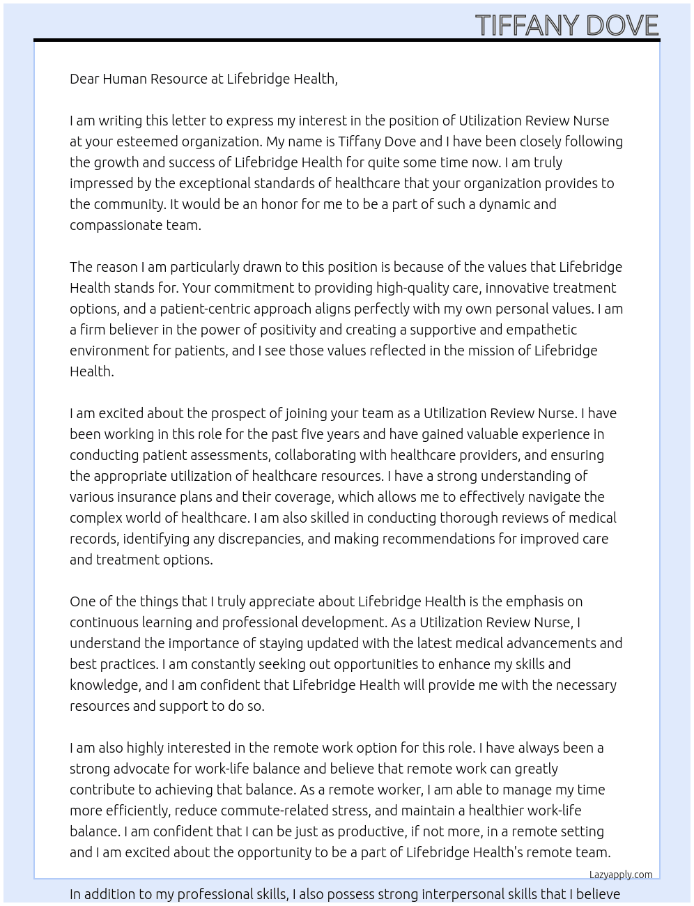 Utilization Review Nurse  At Lifebridge Health Cover Letter