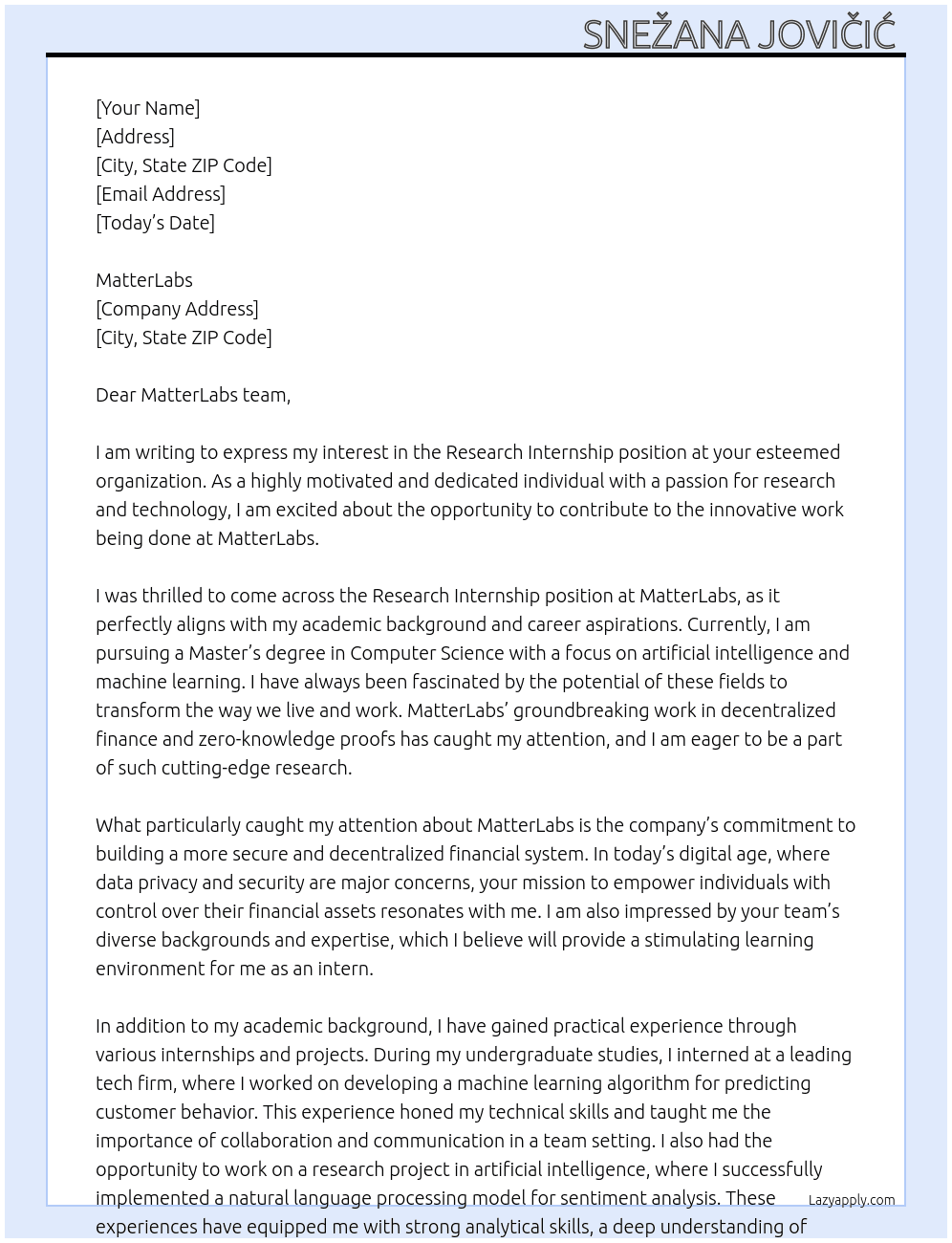 Research Internship At MatterLabs Cover Letter