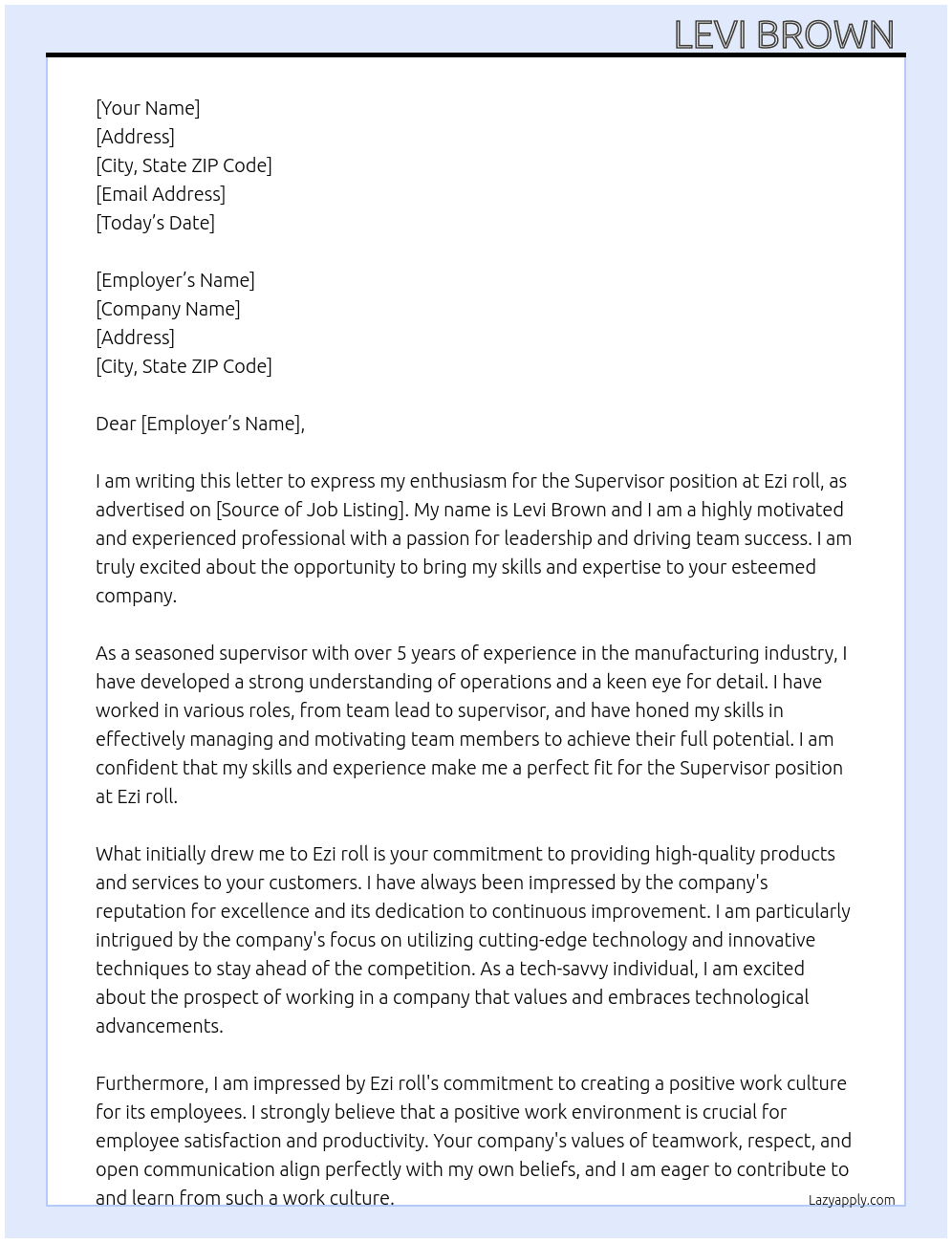 Supervisor At Ezi roll  Cover Letter