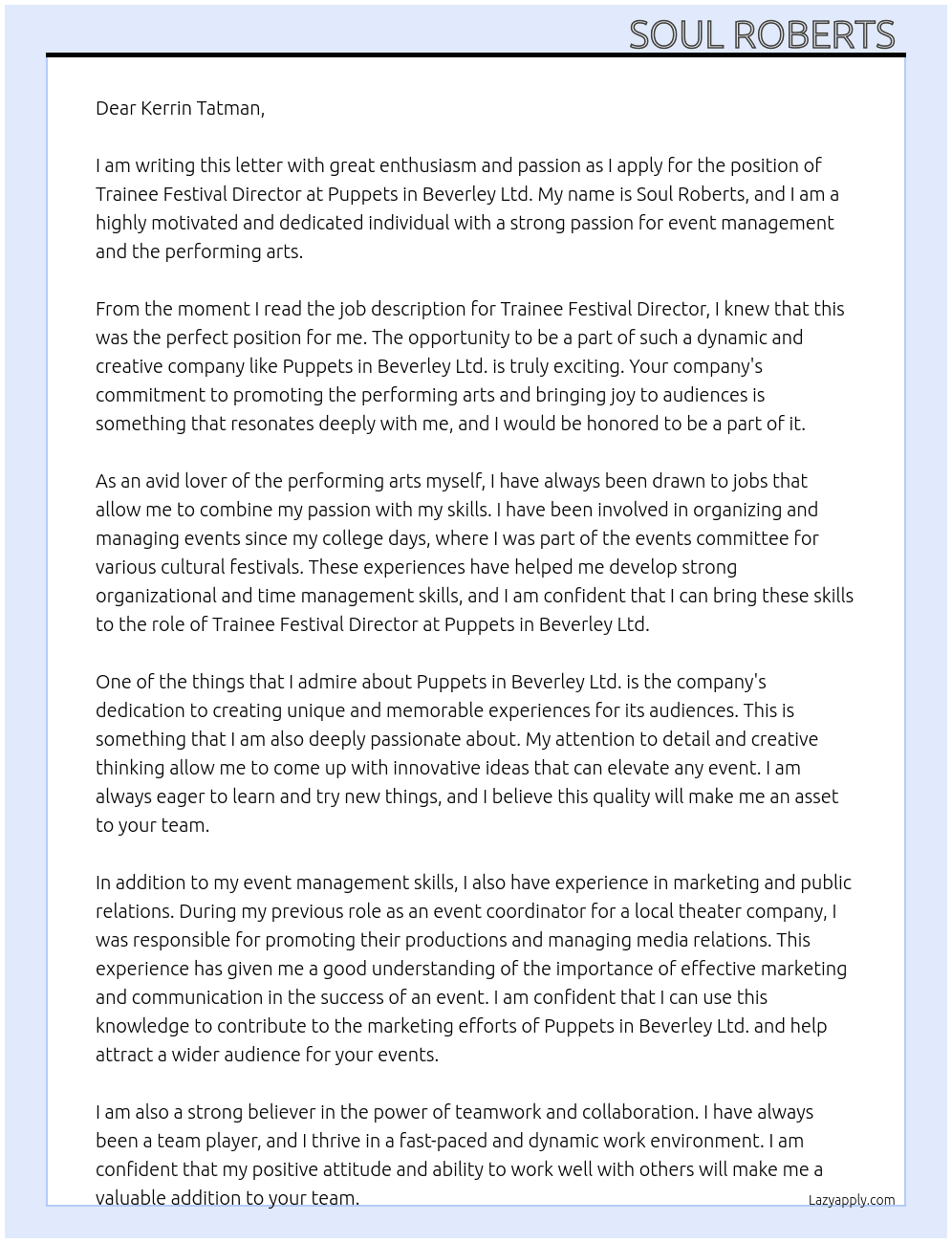 Trainee Festival Director  At Puppets in Beverley Ltd. Cover Letter