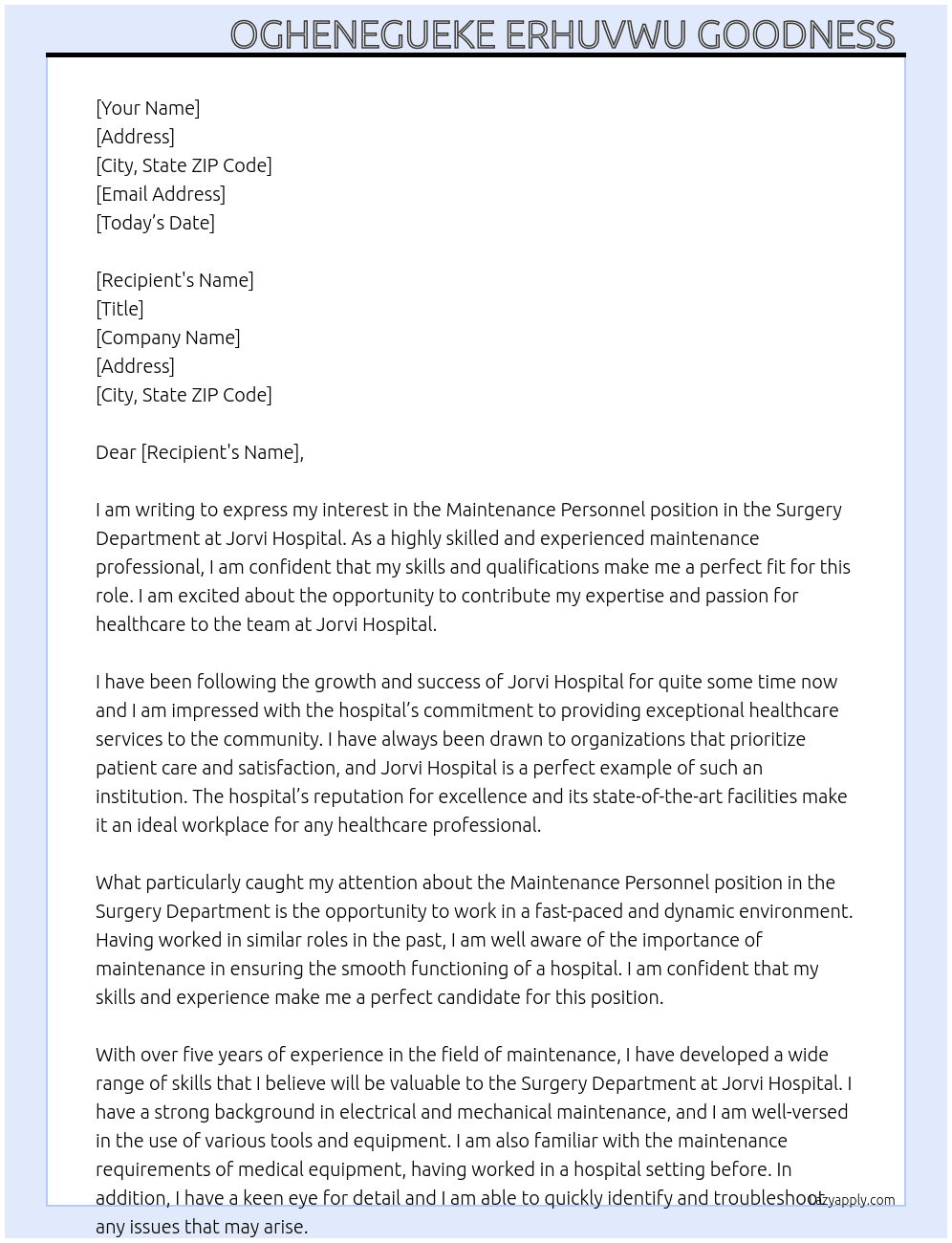 Maintenance personnel At Jorvi Hospital  Cover Letter
