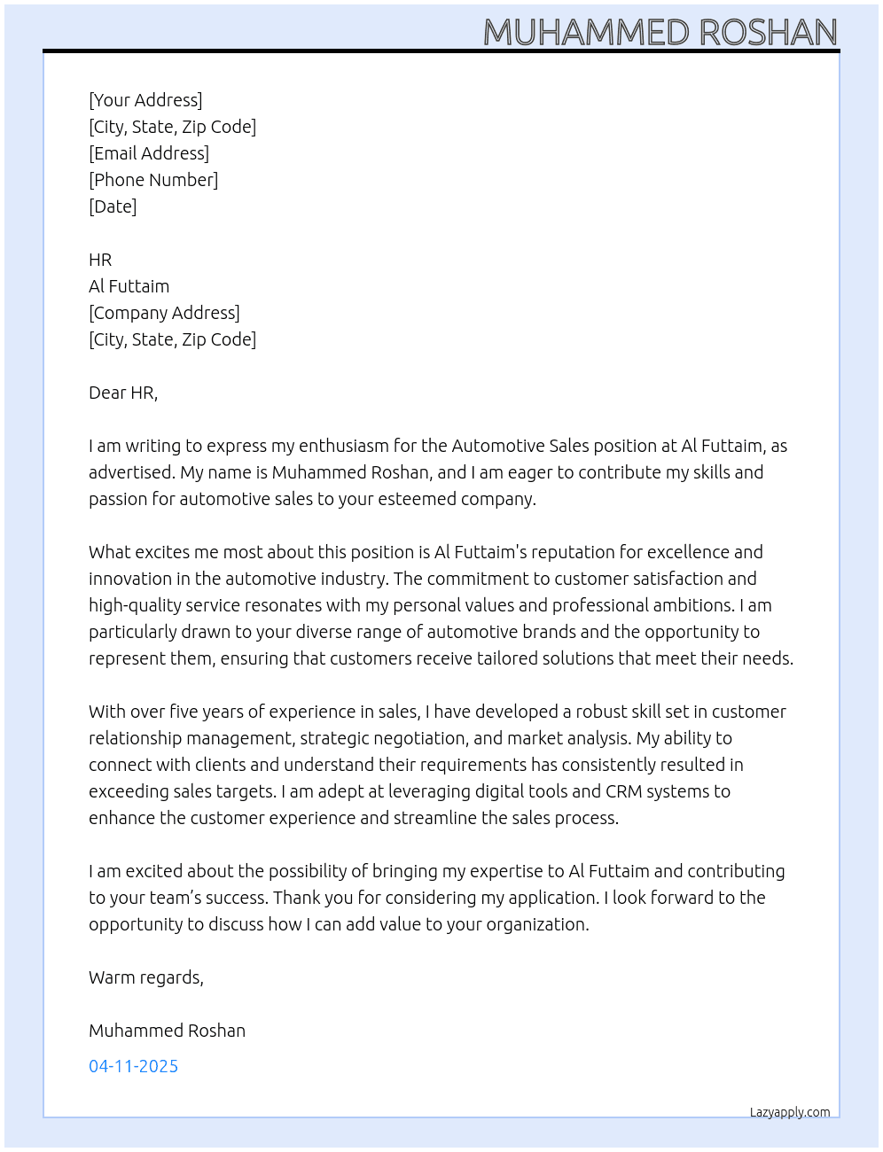 Automotive sales At Al futtaim Cover Letter