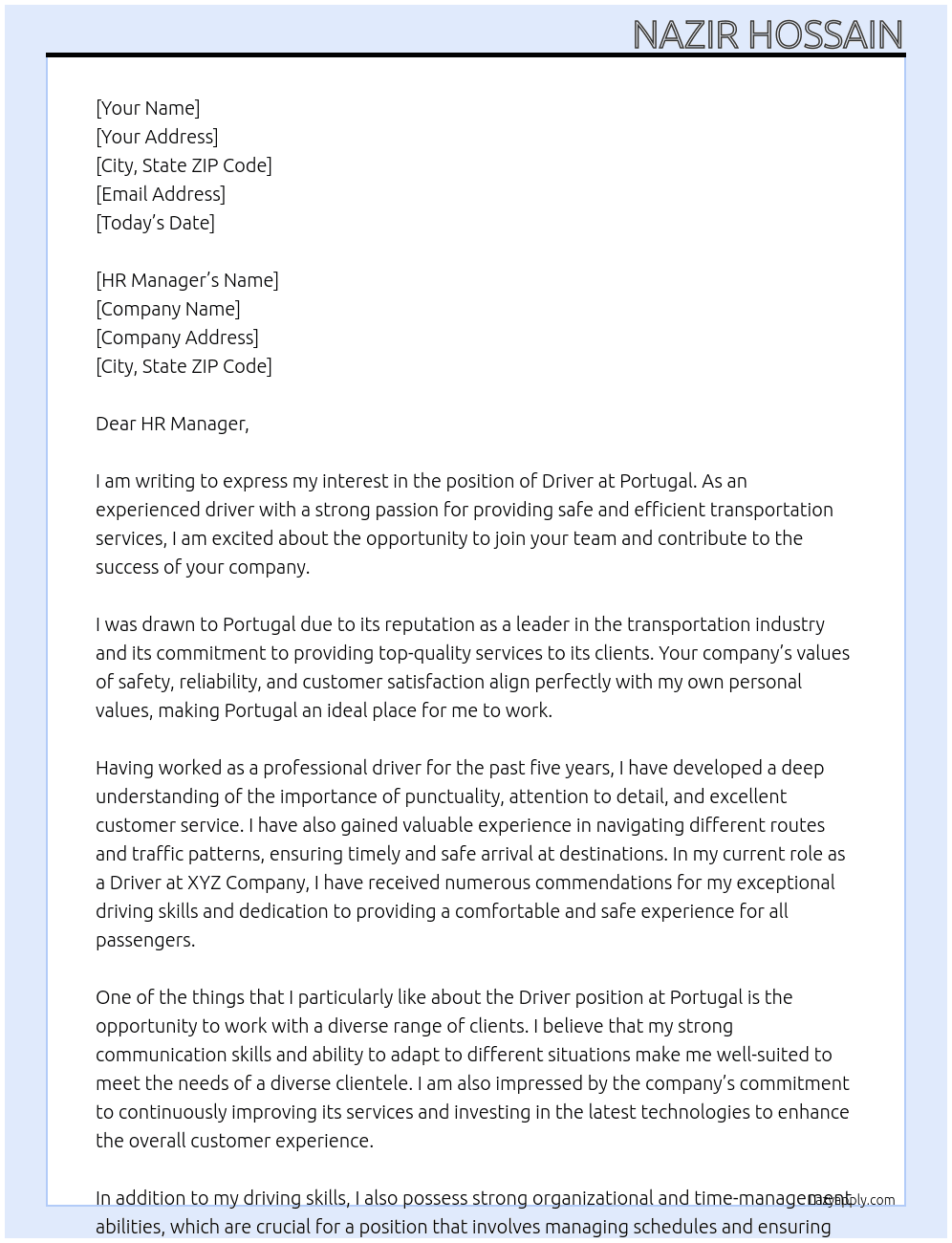 Driver At Portugal Cover Letter