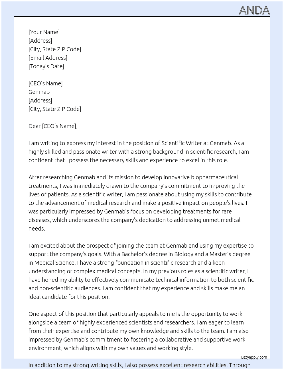 scientific writer At Genmab Cover Letter