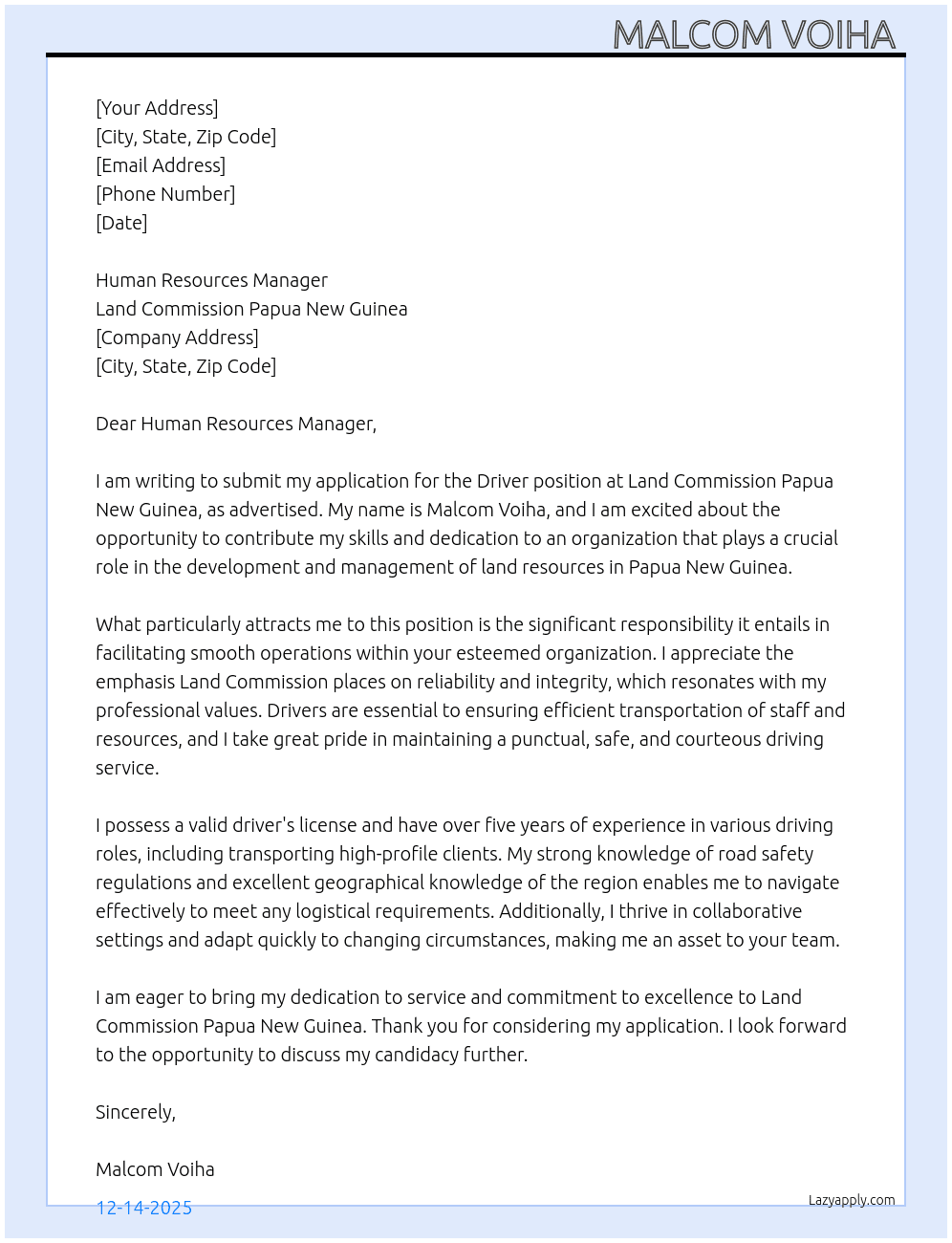 Driver At Land commission Papua New Guinea Cover Letter