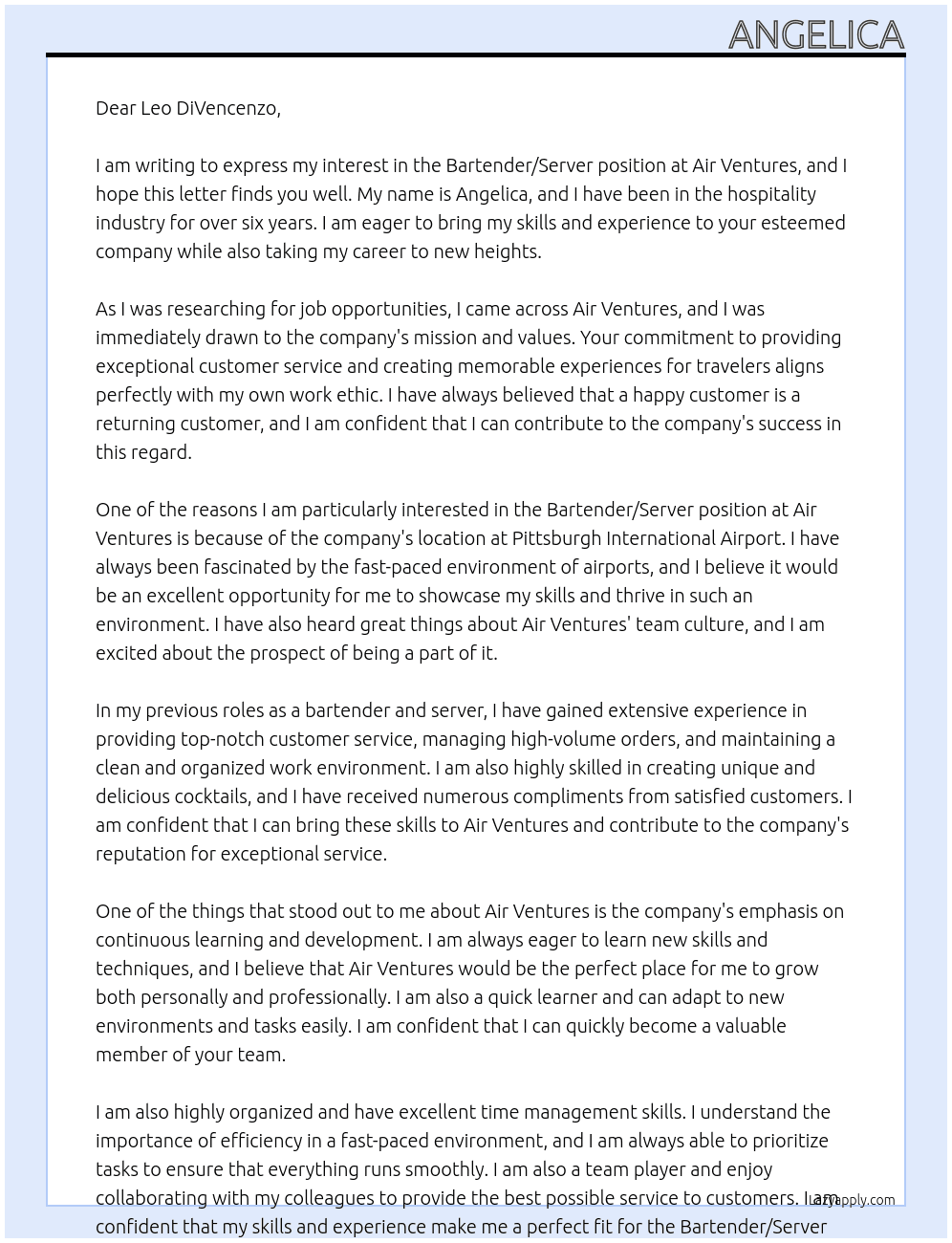 Bartender/Server At Air Ventures Cover Letter