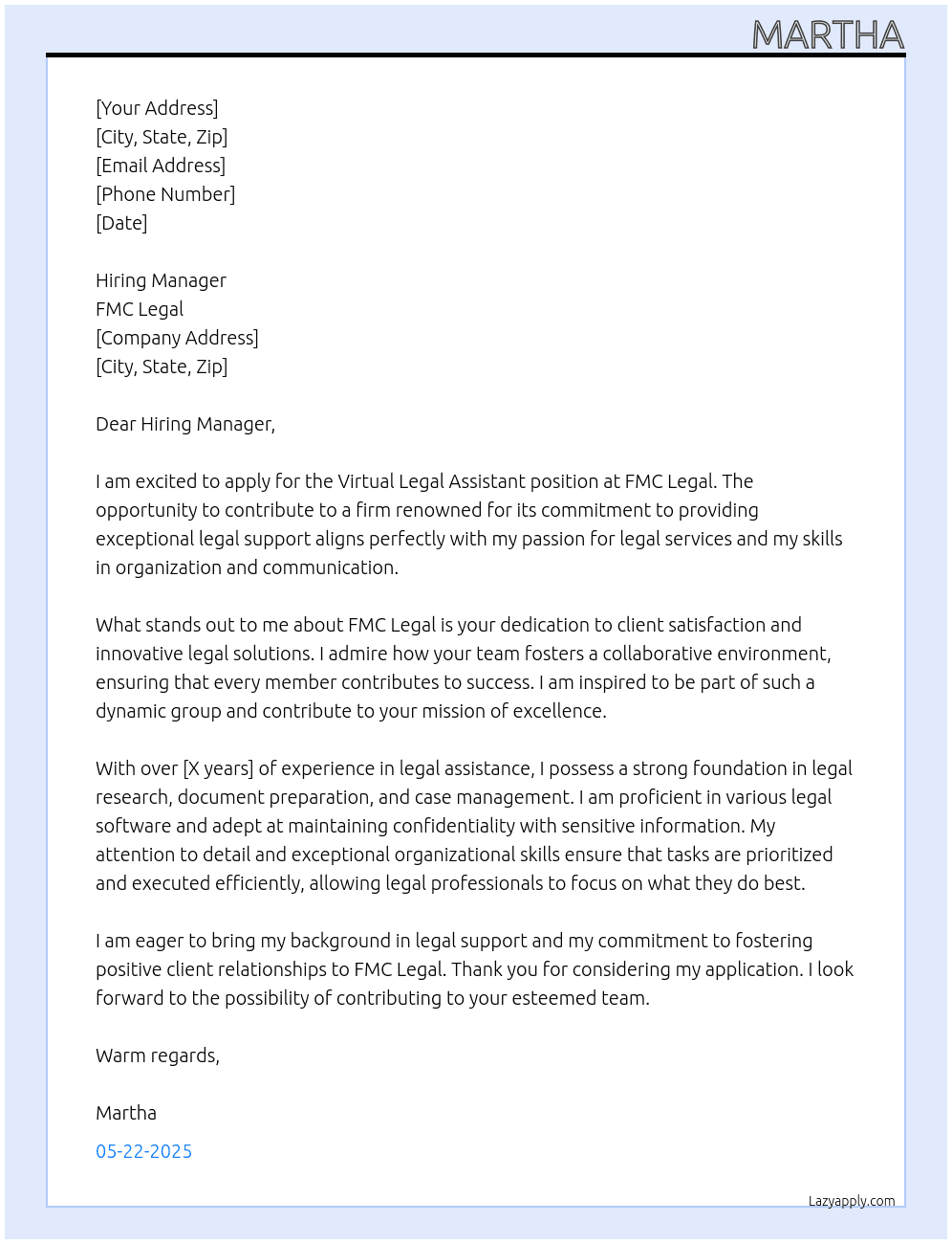 Virtual Legal Assistant At Fmc legal Cover Letter