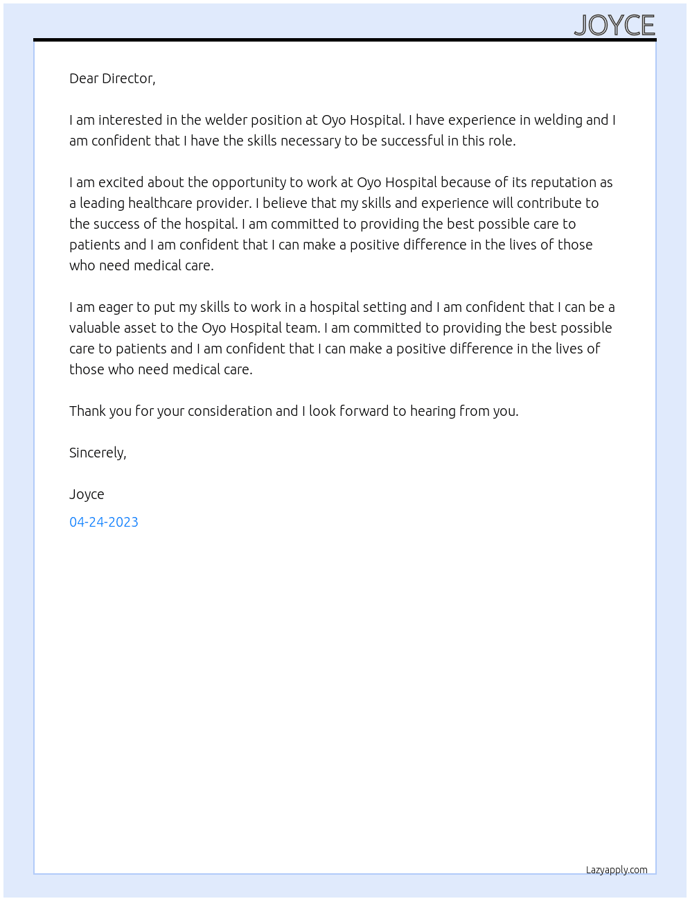 Welder At Oyo Hospital  Cover Letter