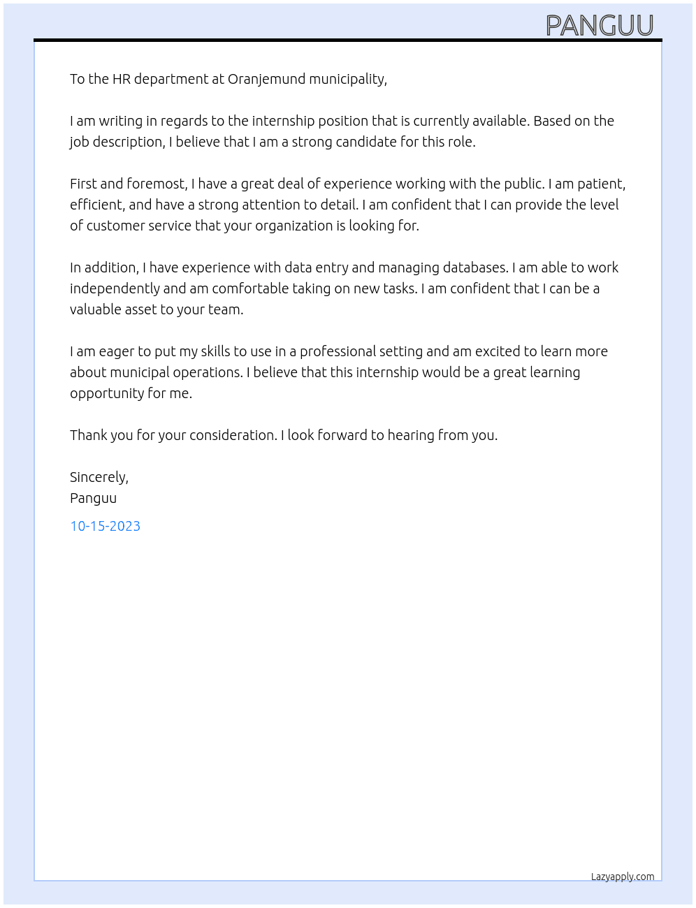 Internship  At Oranjemund municipality  Cover Letter