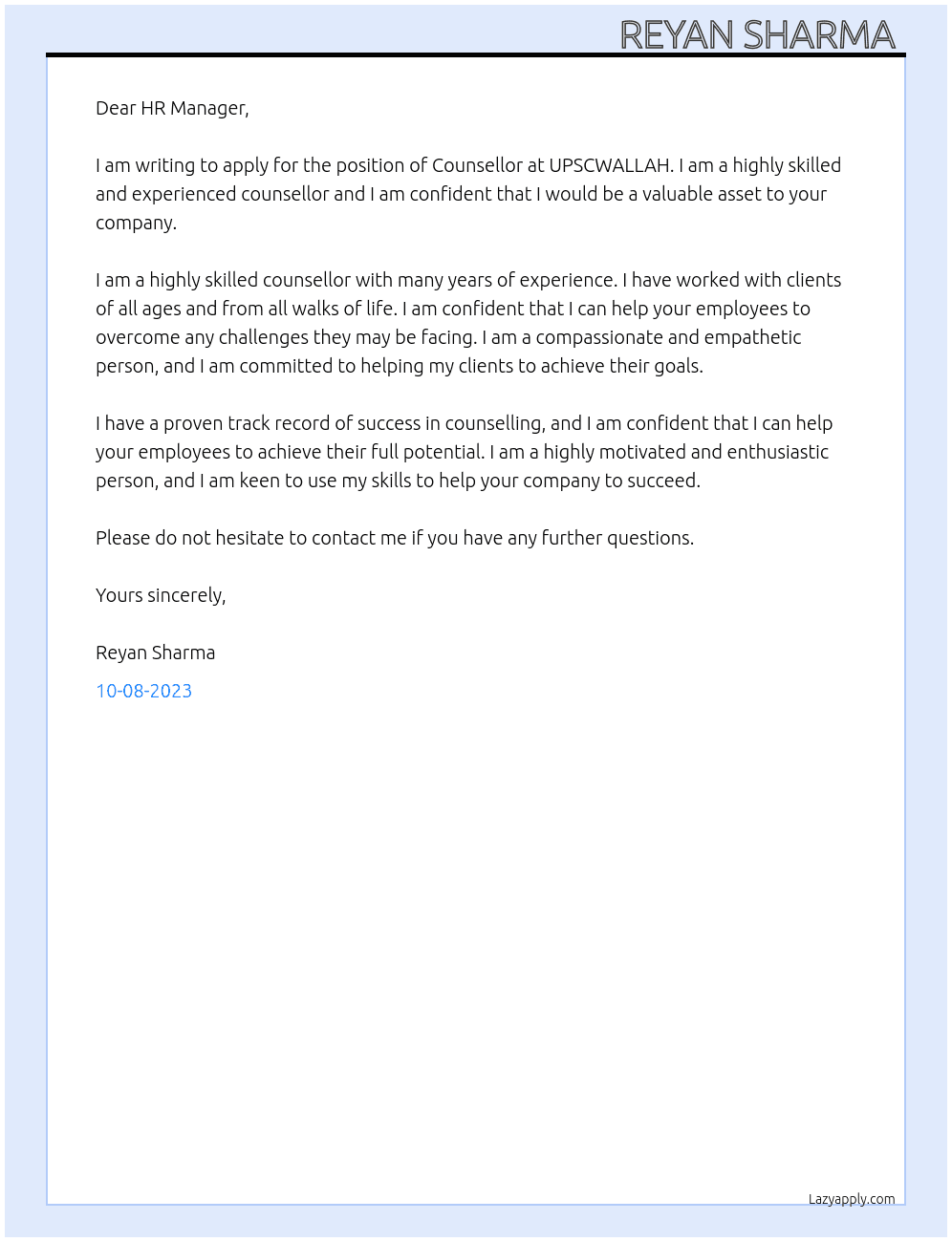 Counsellor  At UPSCWALLAH Cover Letter