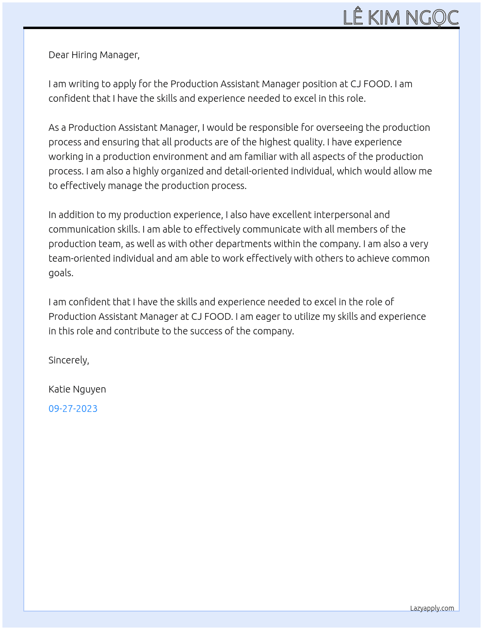 Production Assistant Manager At CJ FOOD Cover Letter