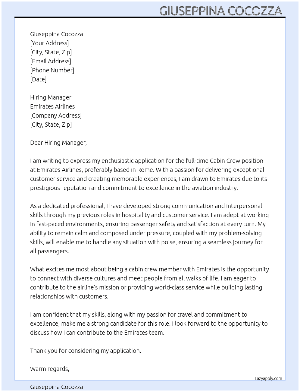 Cabin crew At Emirates Airlines  Cover Letter