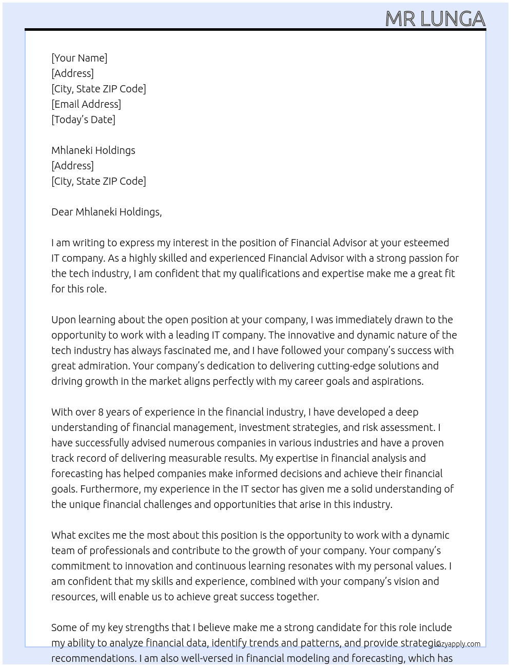 Financial Advisor  At IT company Cover Letter
