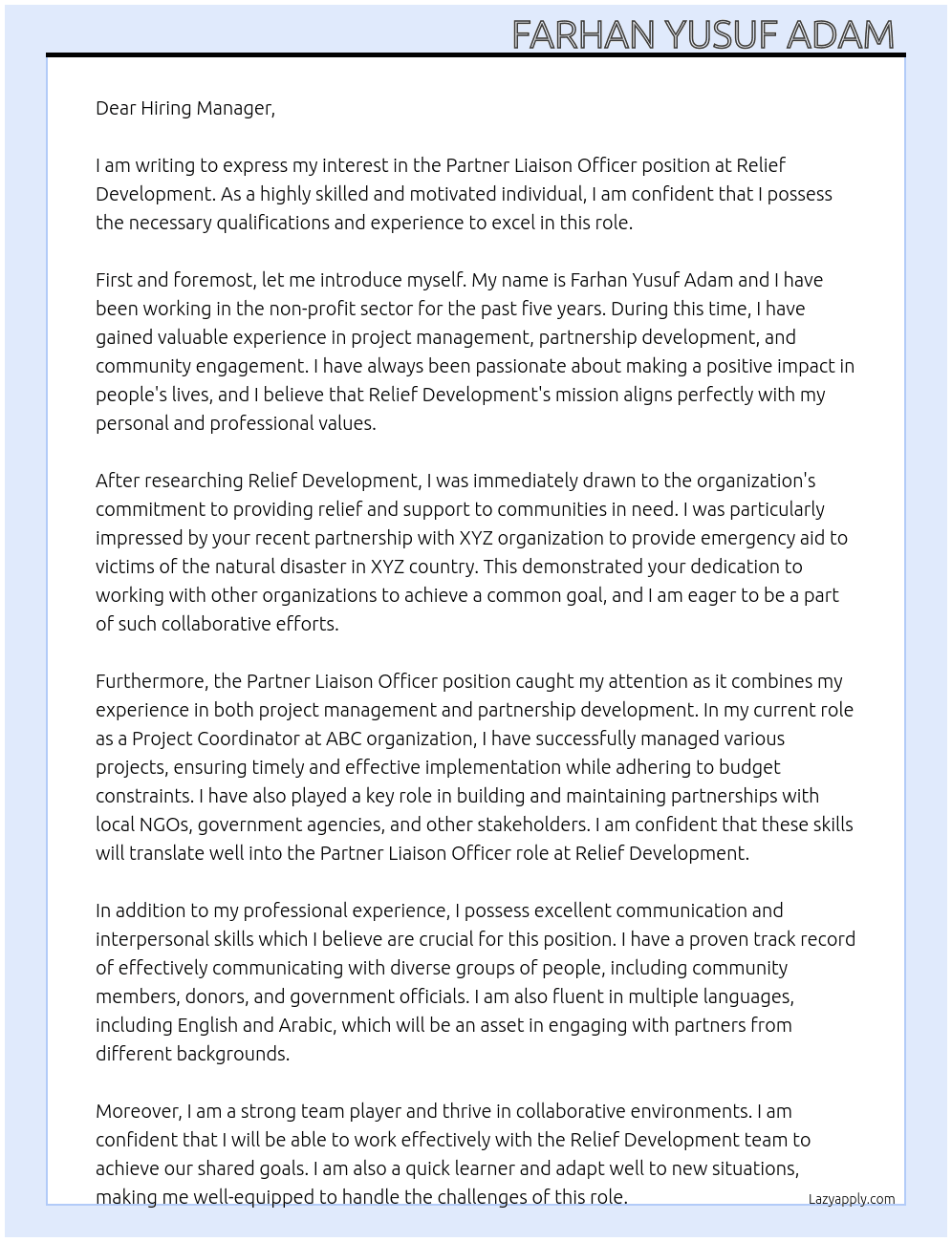 Partner Liaison Officer  At Relief Development  Cover Letter