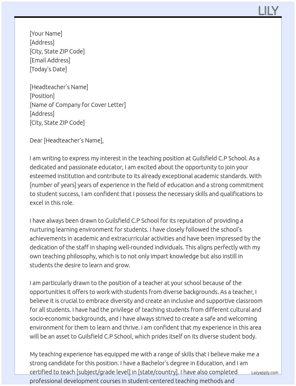teacher At Guilsfield C.P school Cover Letter