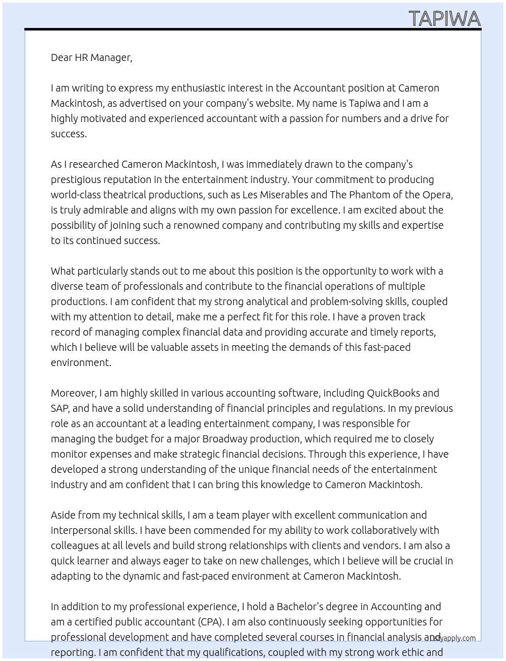 Accountant At Cameron Mackintosh Cover Letter