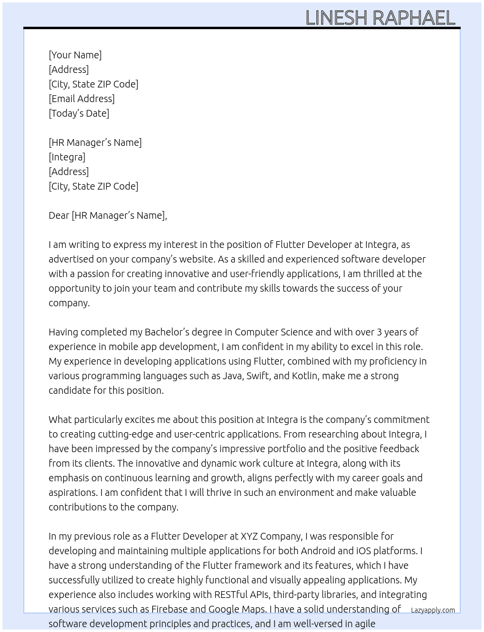 Flutter developer  At Integra Cover Letter