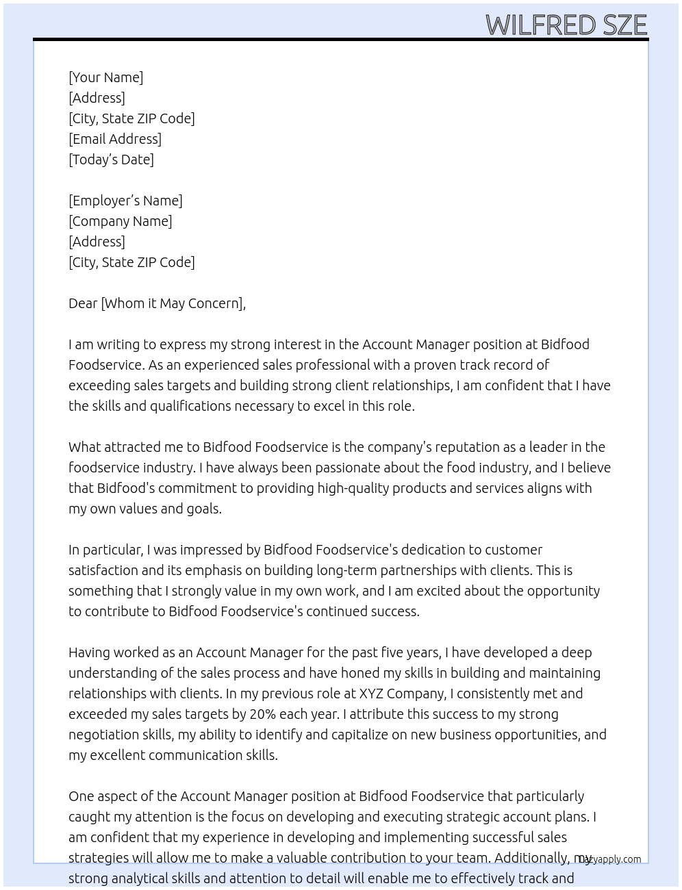 Account Manager At Bidfood Foodservice Cover Letter